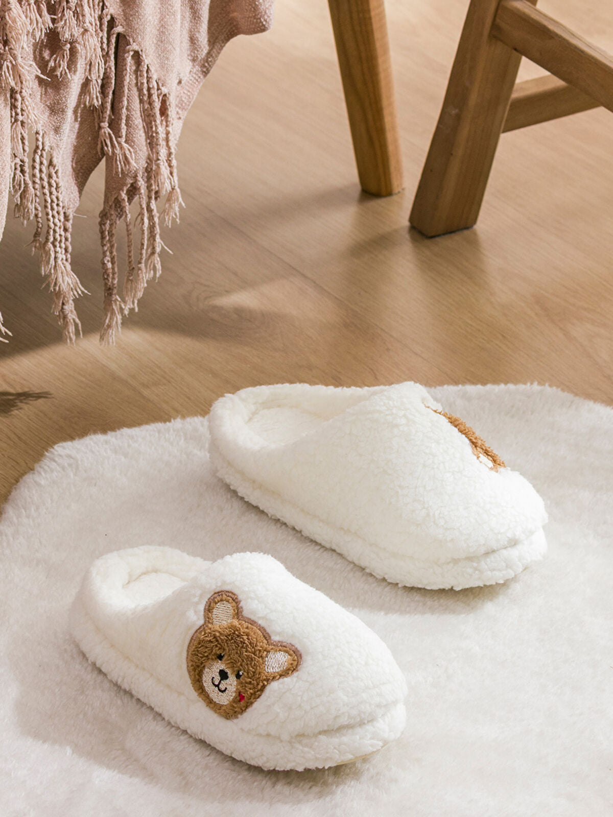 Bear Teddy Trimmed Fleece Women's Home Slipper
