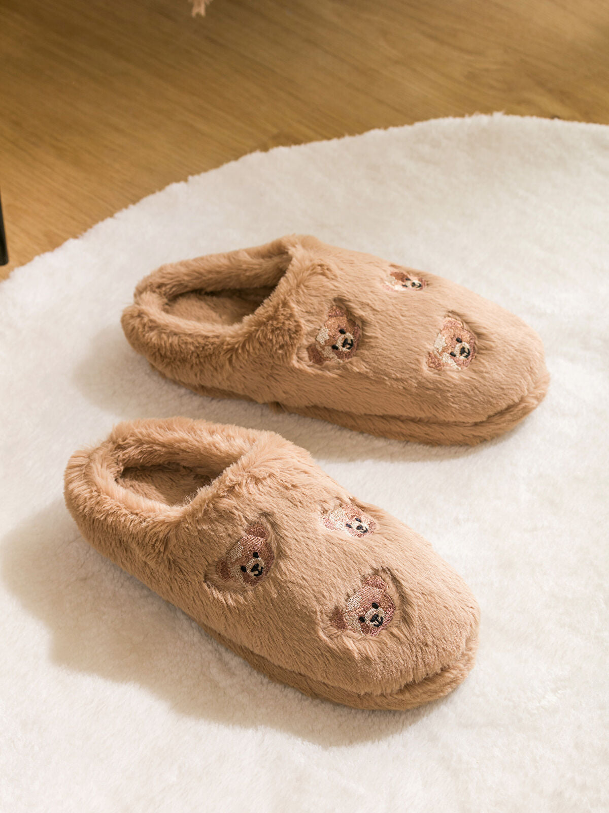 Bear Teddy Trimmed Fleece Women's Home Slipper