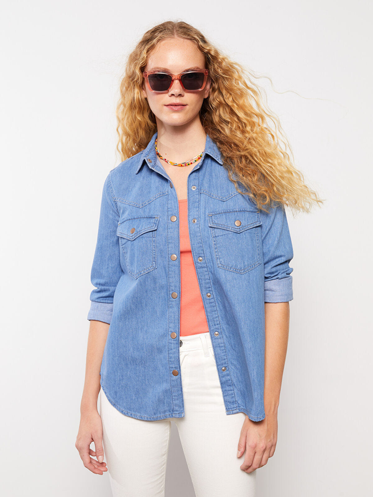Front Button Closed Straight Long Sleeve Women's Jean Blouse