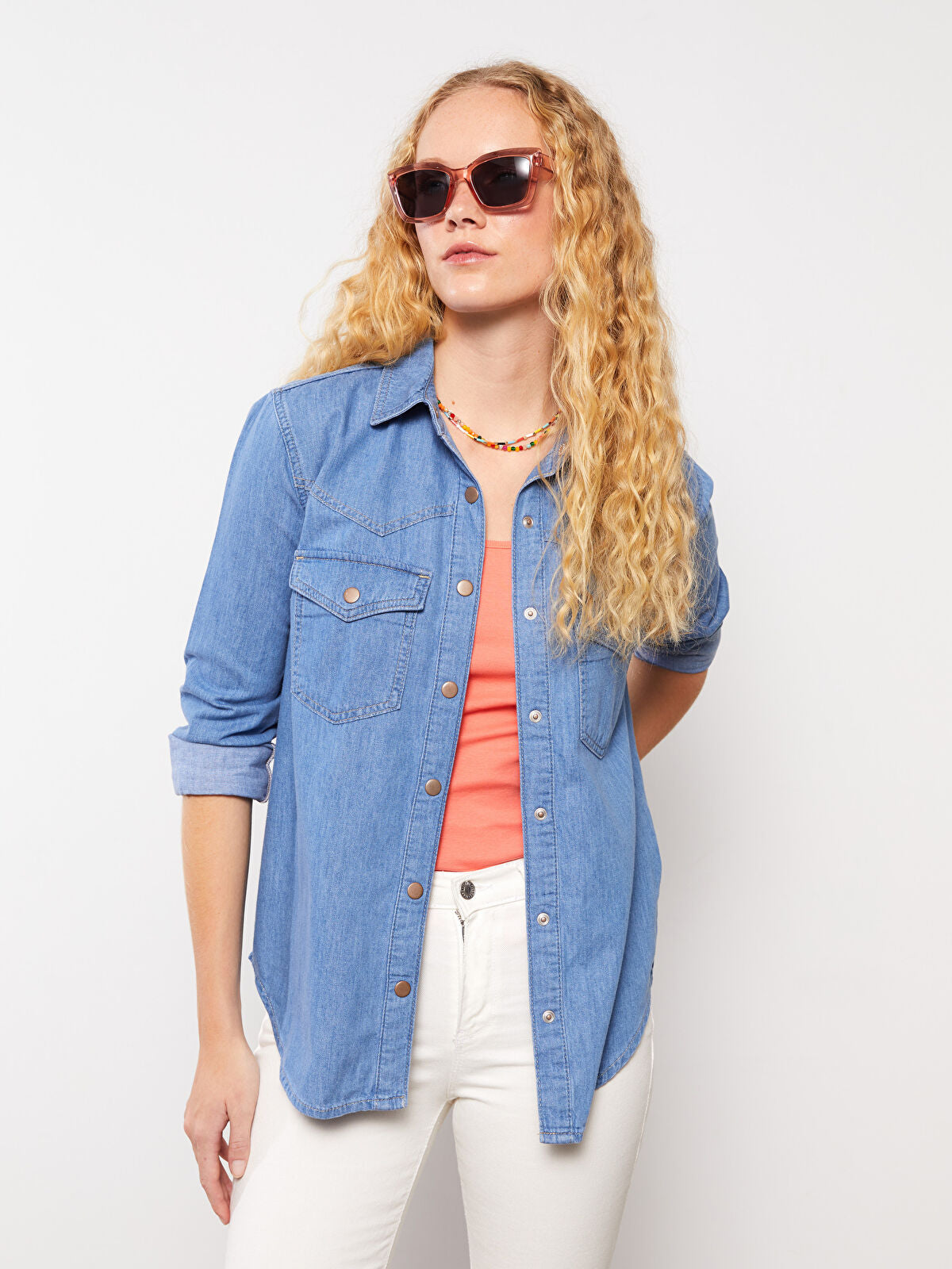 Front Button Closed Straight Long Sleeve Women's Jean Blouse