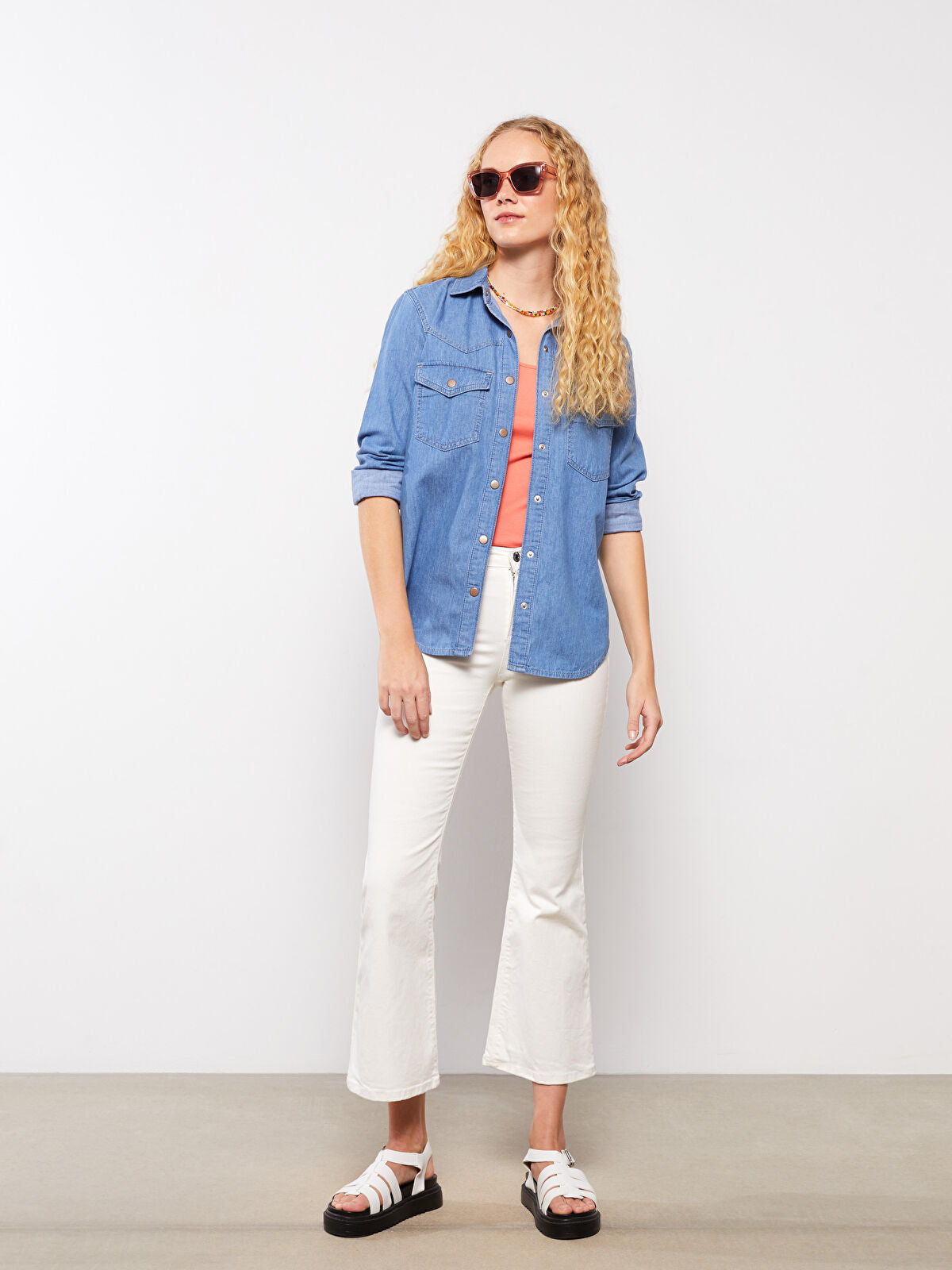 Front Button Closed Straight Long Sleeve Women's Jean Blouse