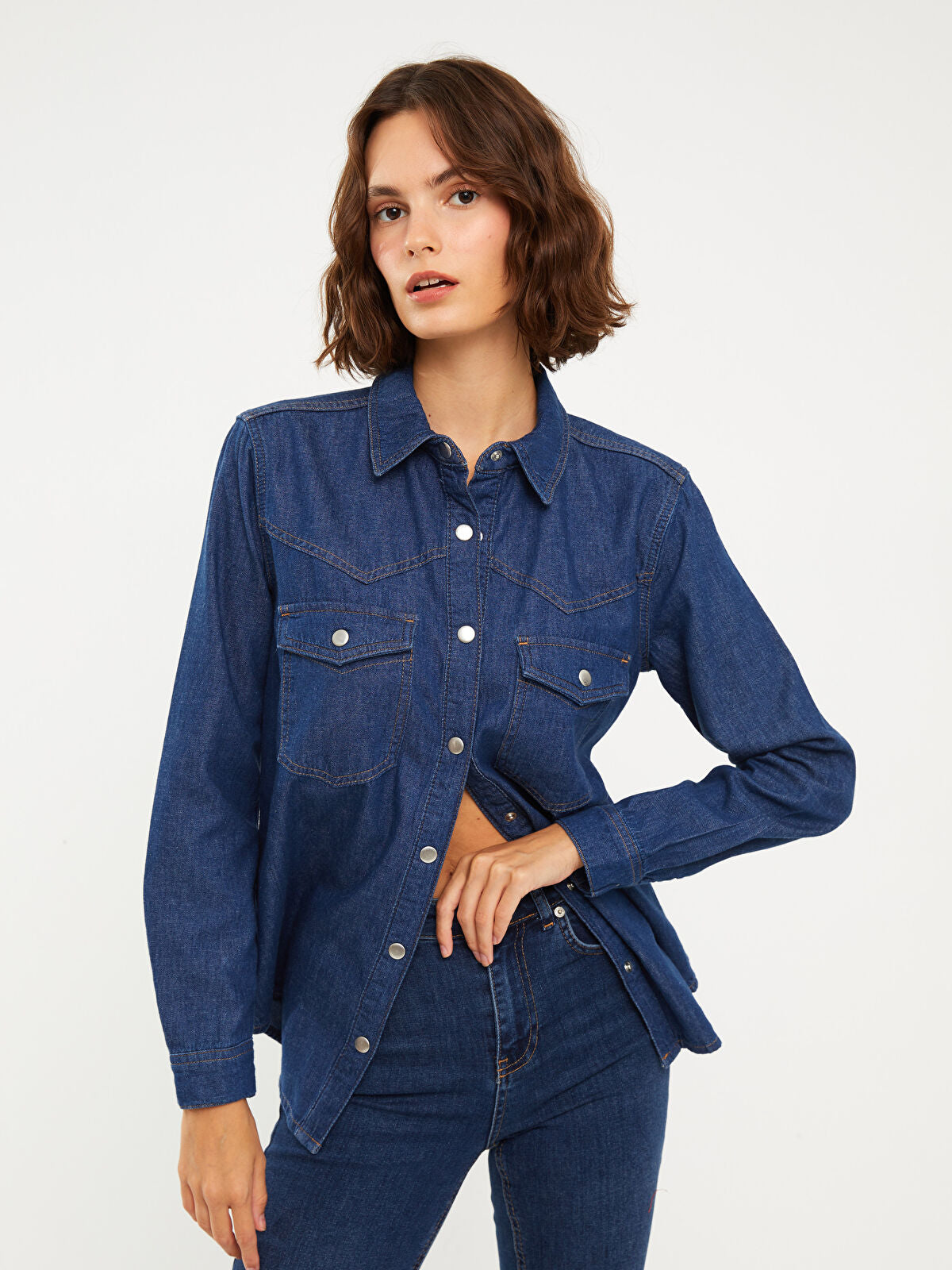 Front Button Closed Straight Long Sleeve Women's Jean Blouse