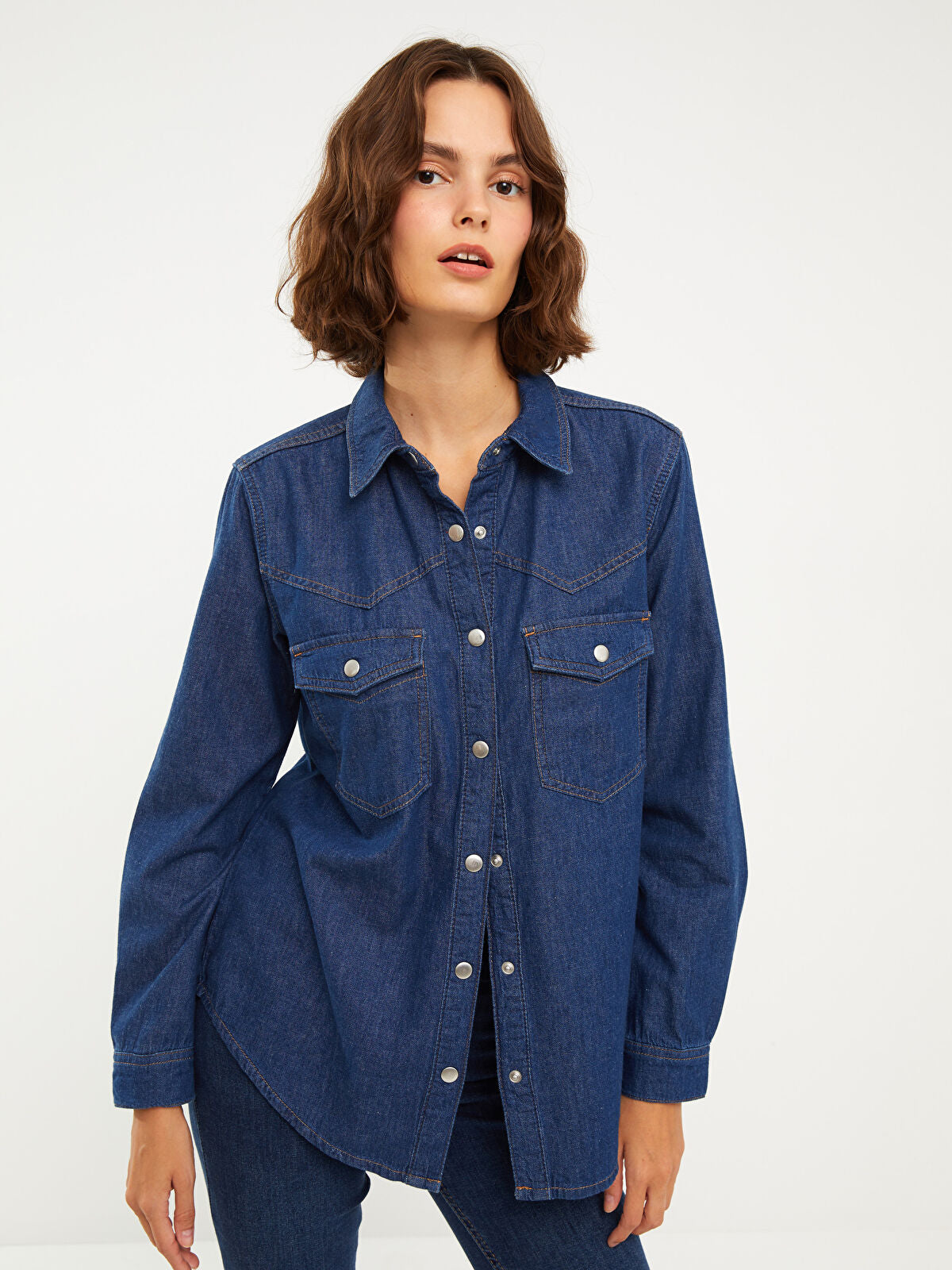 Front Button Closed Straight Long Sleeve Women's Jean Blouse