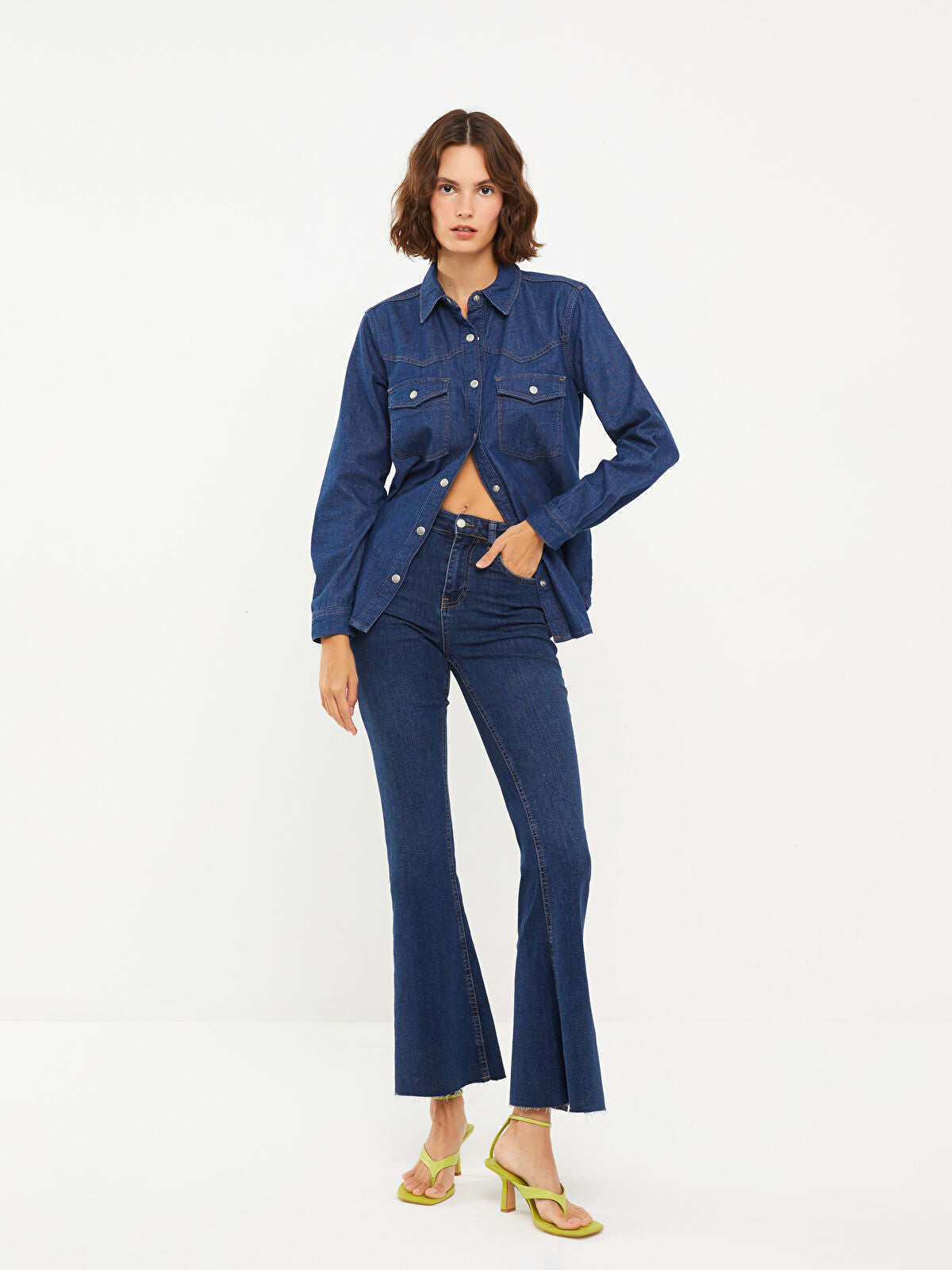 Front Button Closed Straight Long Sleeve Women's Jean Blouse