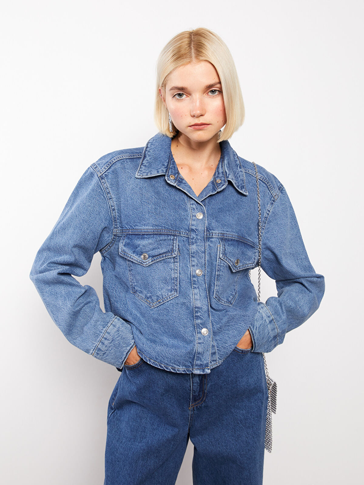 Front Button Closure Straight Long Sleeve Women's Jean Blouse Coat