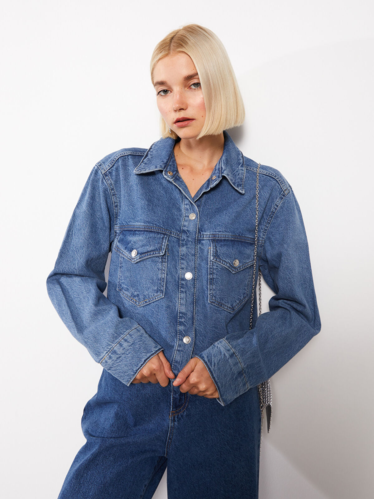 Front Button Closure Straight Long Sleeve Women's Jean Blouse Coat