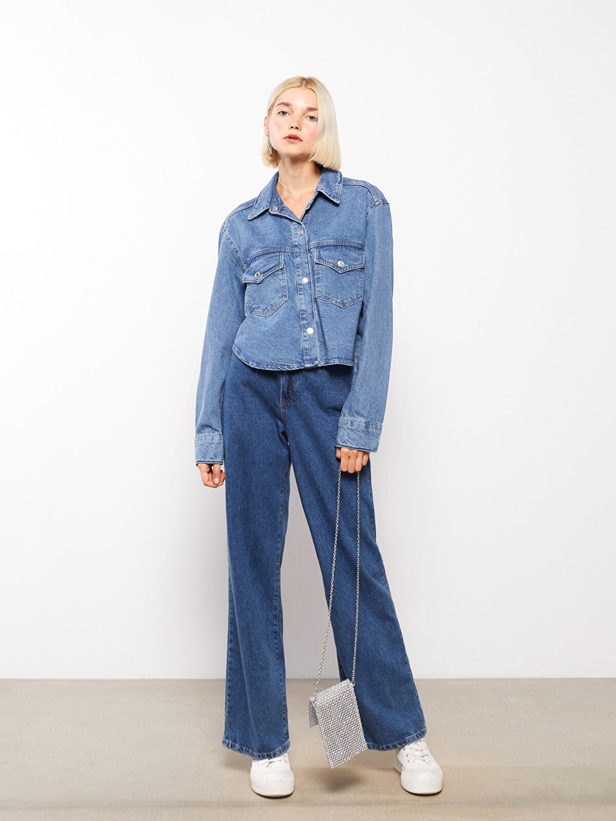 Front Button Closure Straight Long Sleeve Women's Jean Blouse Coat