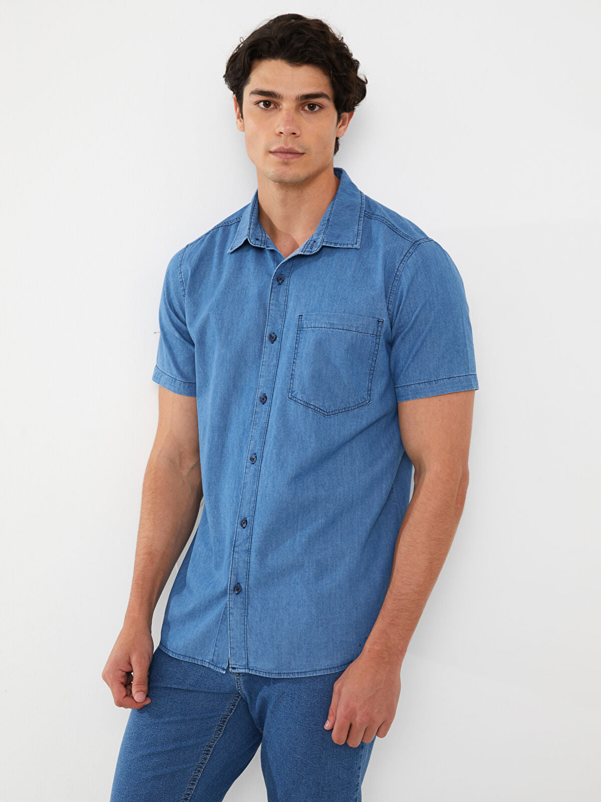 Regular Fit Short Sleeve Men's Denim Shirt