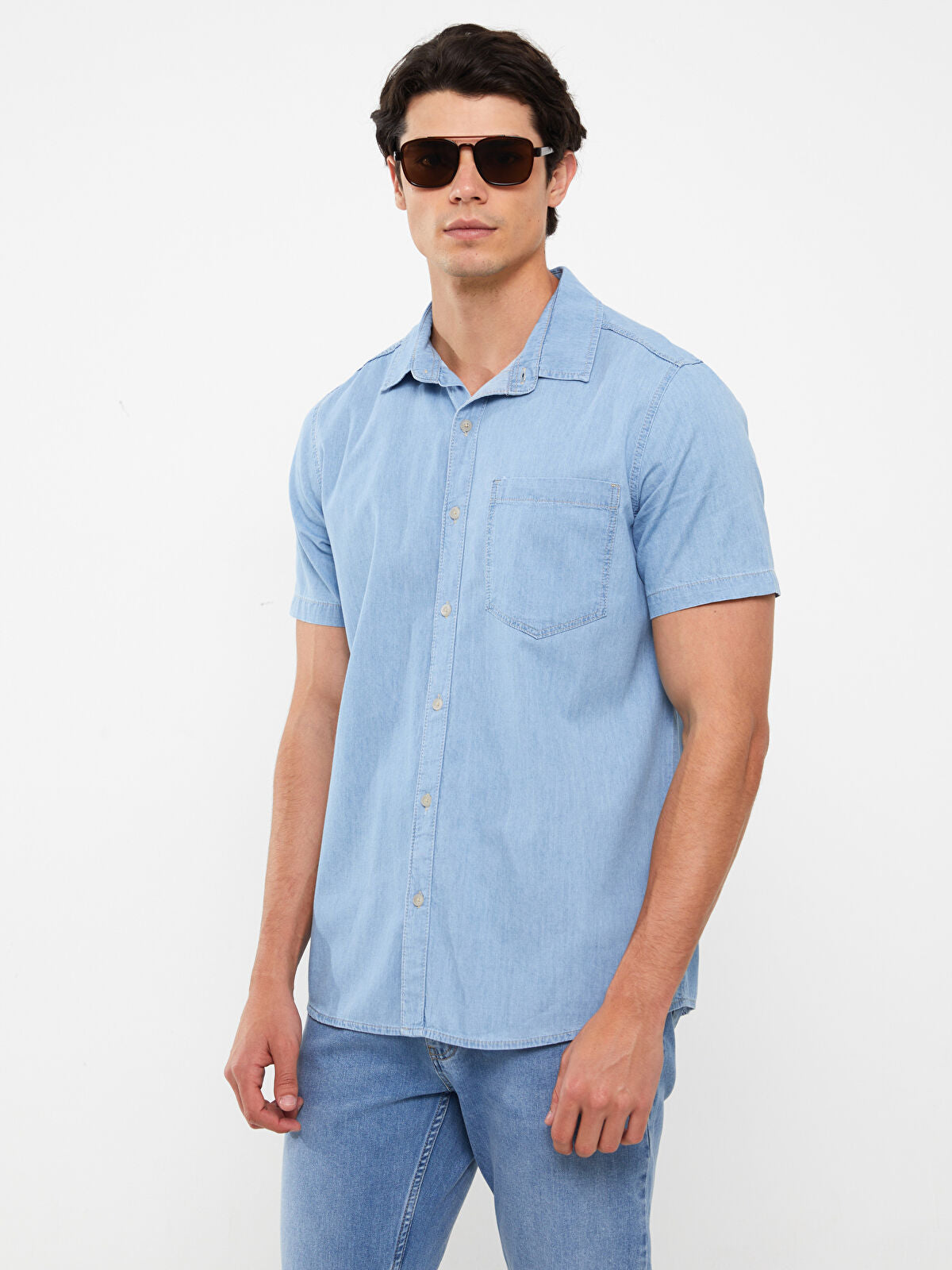 Regular Fit Short Sleeve Men's Denim Shirt