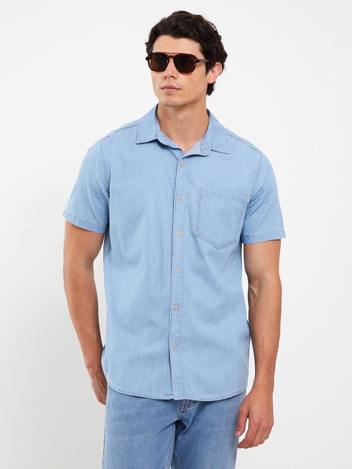 Regular Fit Short Sleeve Men's Denim Shirt