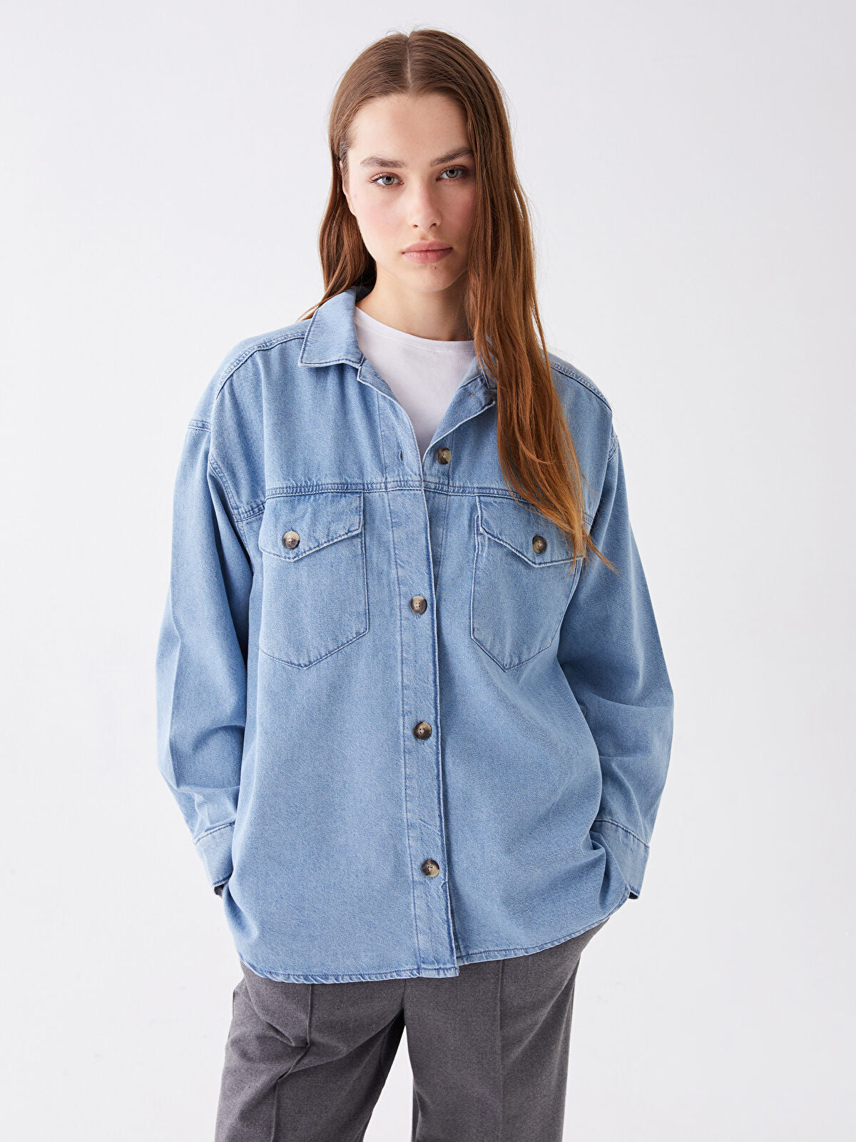 Straight Long Sleeve Oversize Women's Denim Blouse