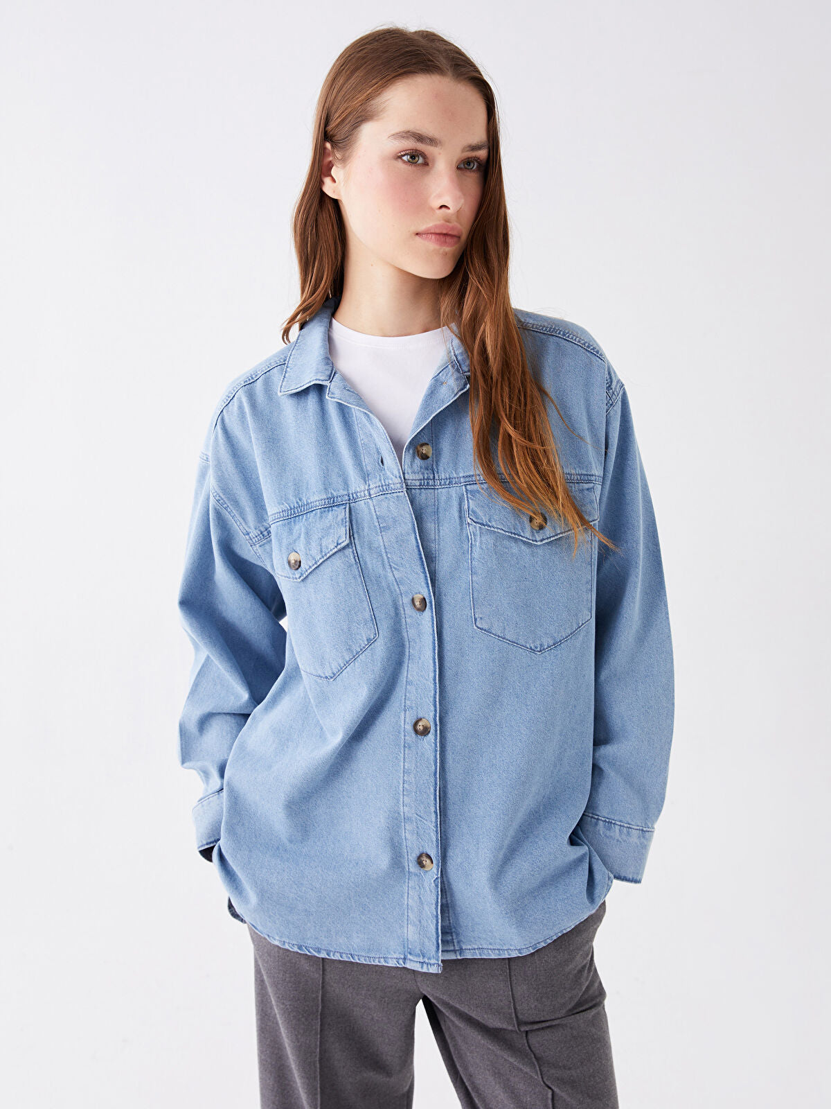 Straight Long Sleeve Oversize Women's Denim Blouse