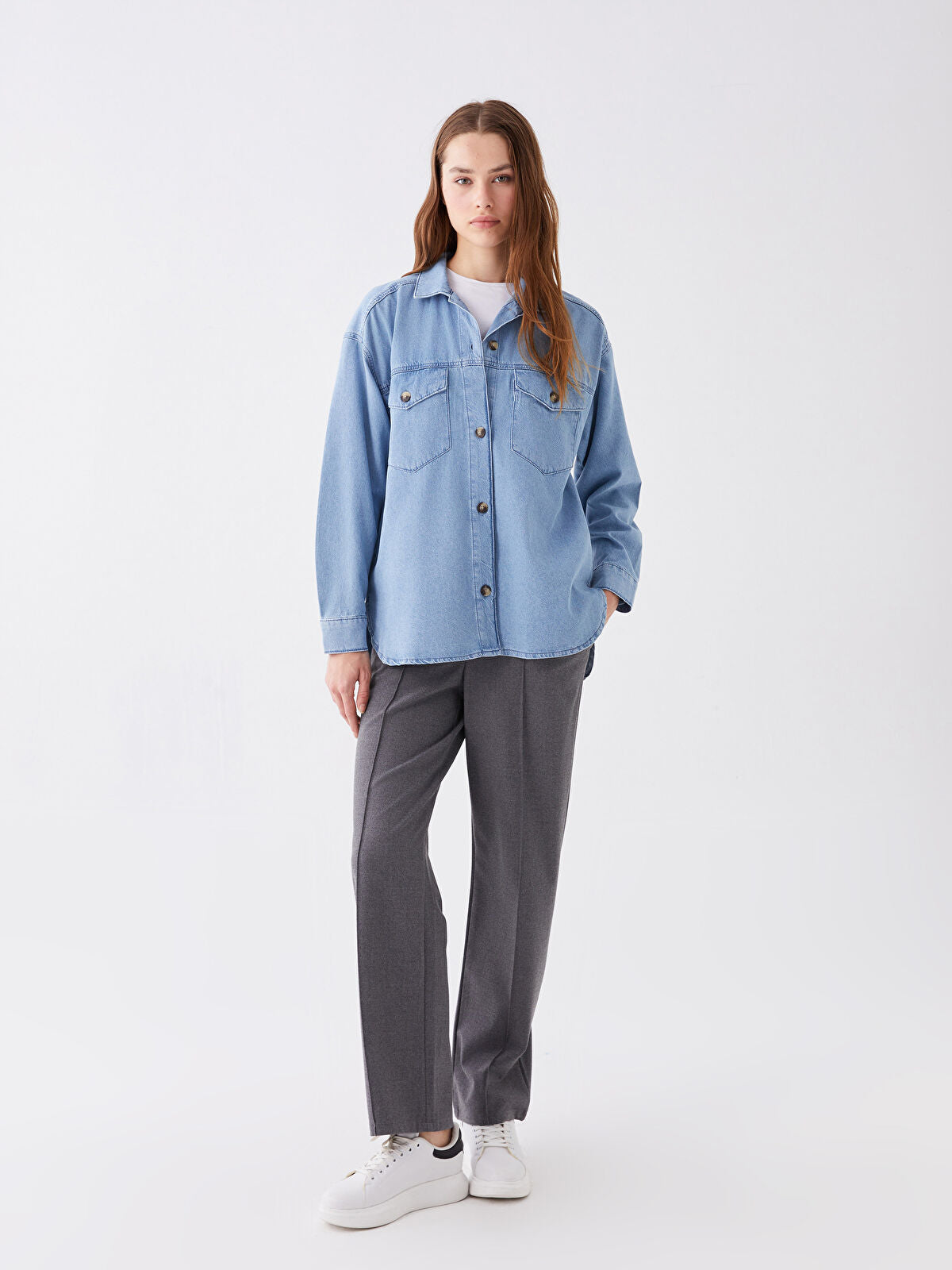 Straight Long Sleeve Oversize Women's Denim Blouse