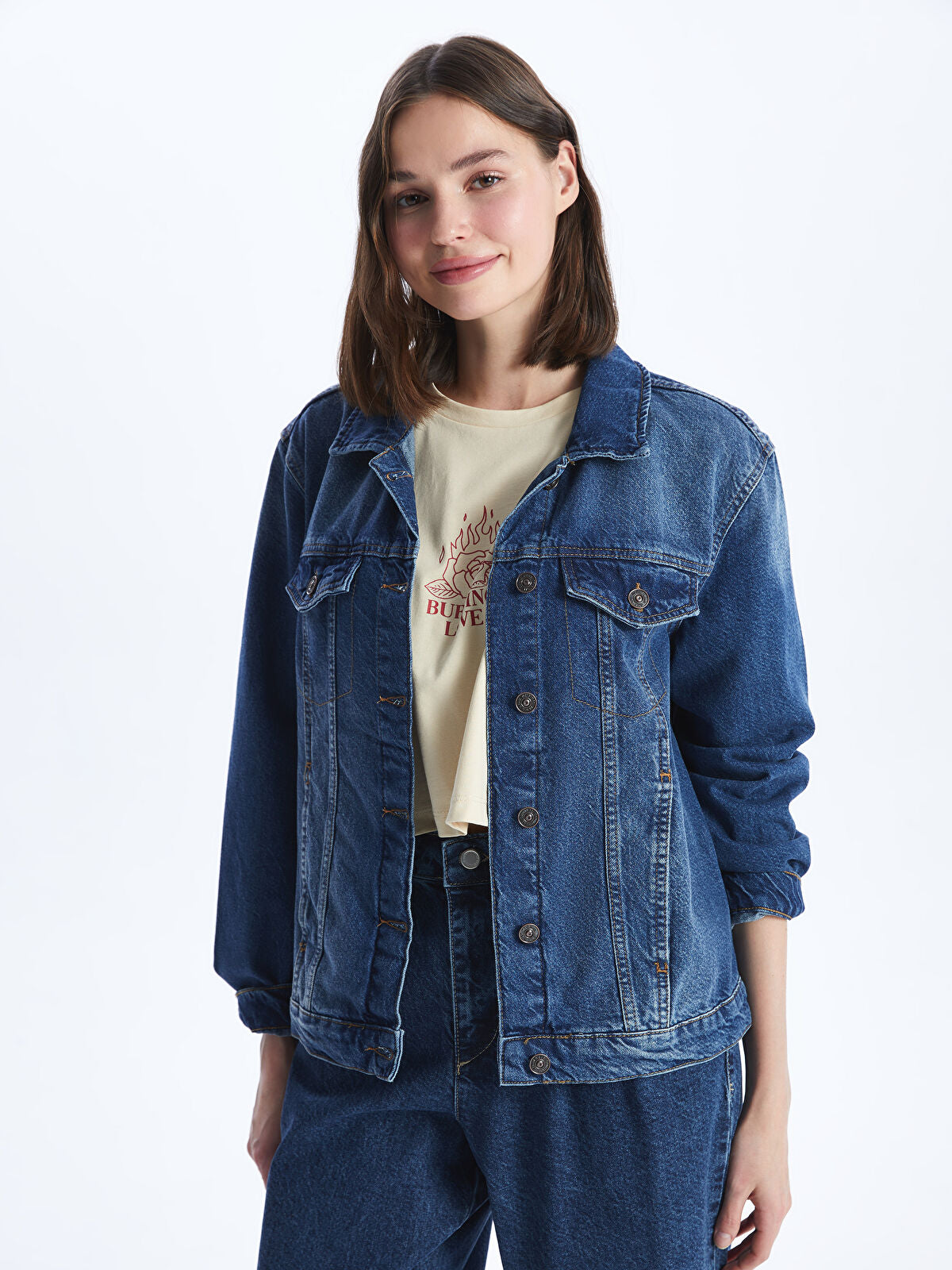 Straight Long Sleeved Women's Jean Blouse Coat