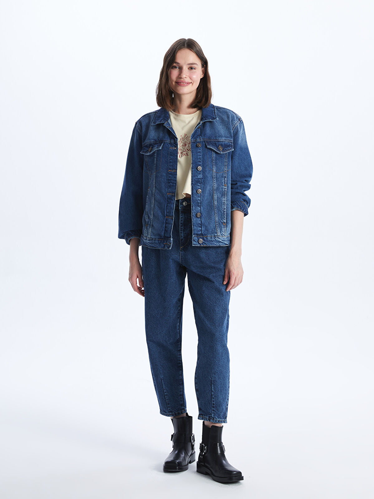 Straight Long Sleeved Women's Jean Blouse Coat