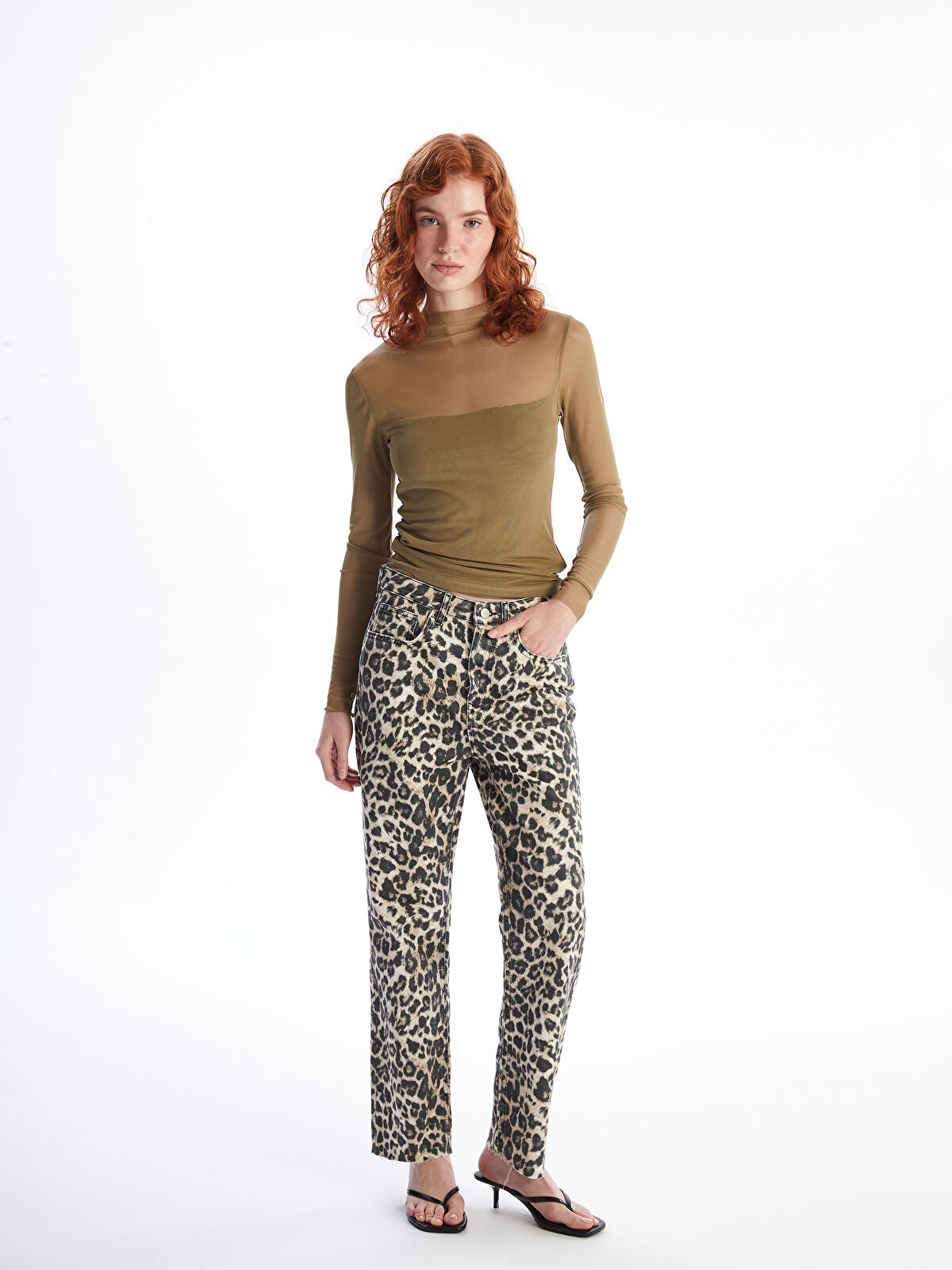 Leopard Print Straight Fit Women's Jeans Pants