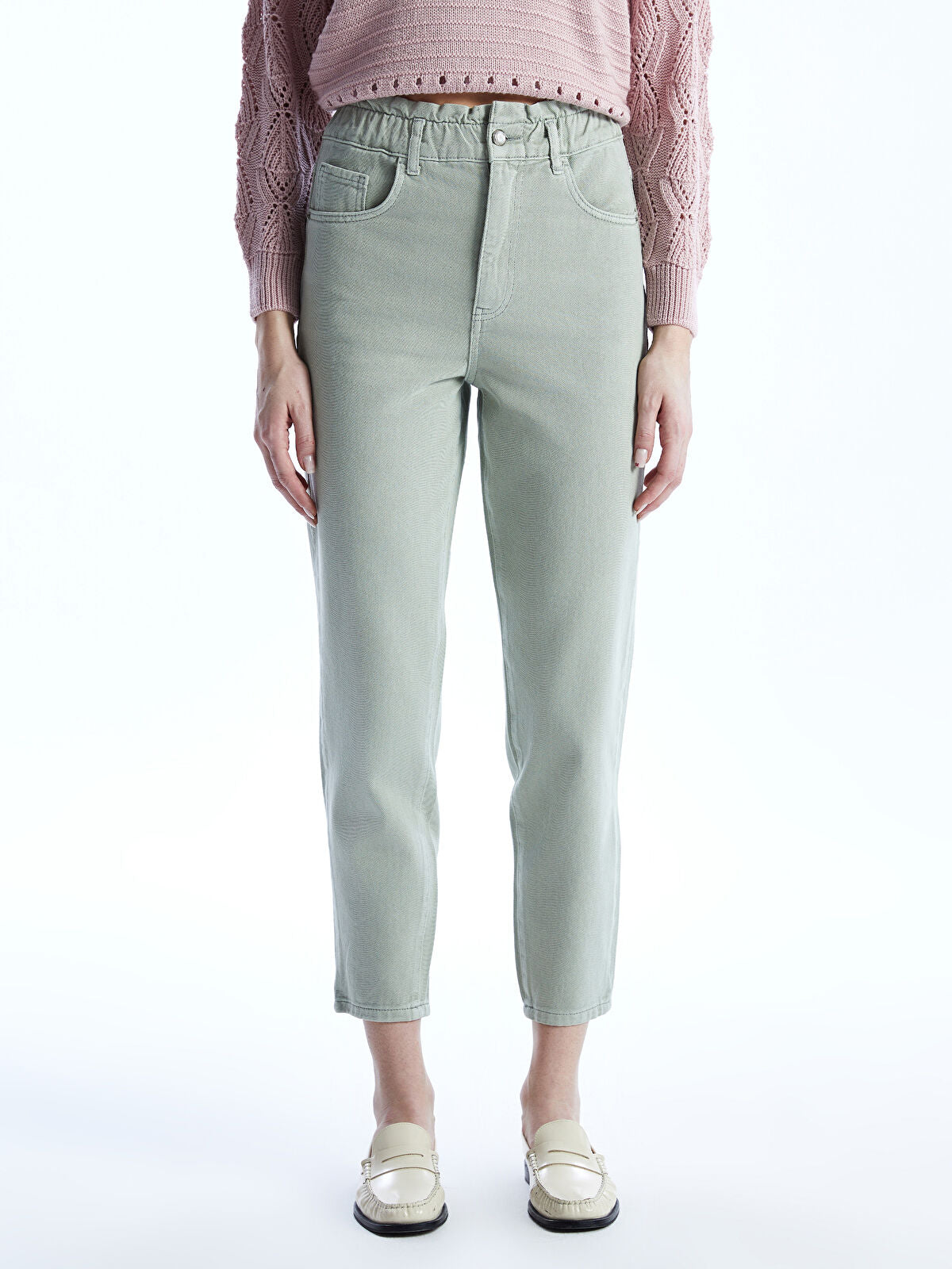 Olive Green Waist Elastic Slouchy Fit Women's Denim Jean Pants