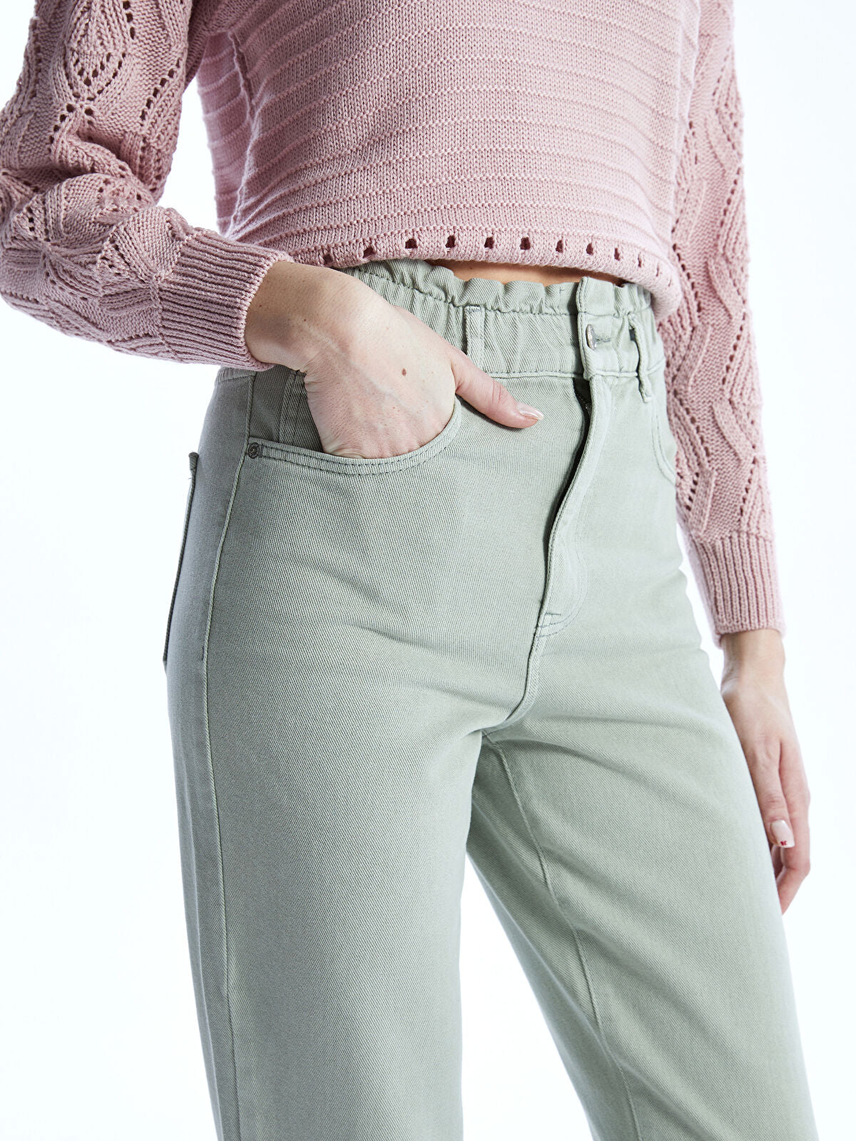 Olive Green Waist Elastic Slouchy Fit Women's Denim Jean Pants