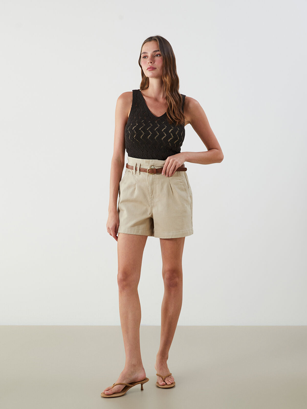 Waist Belted Paper Bag Women's Jeans Short