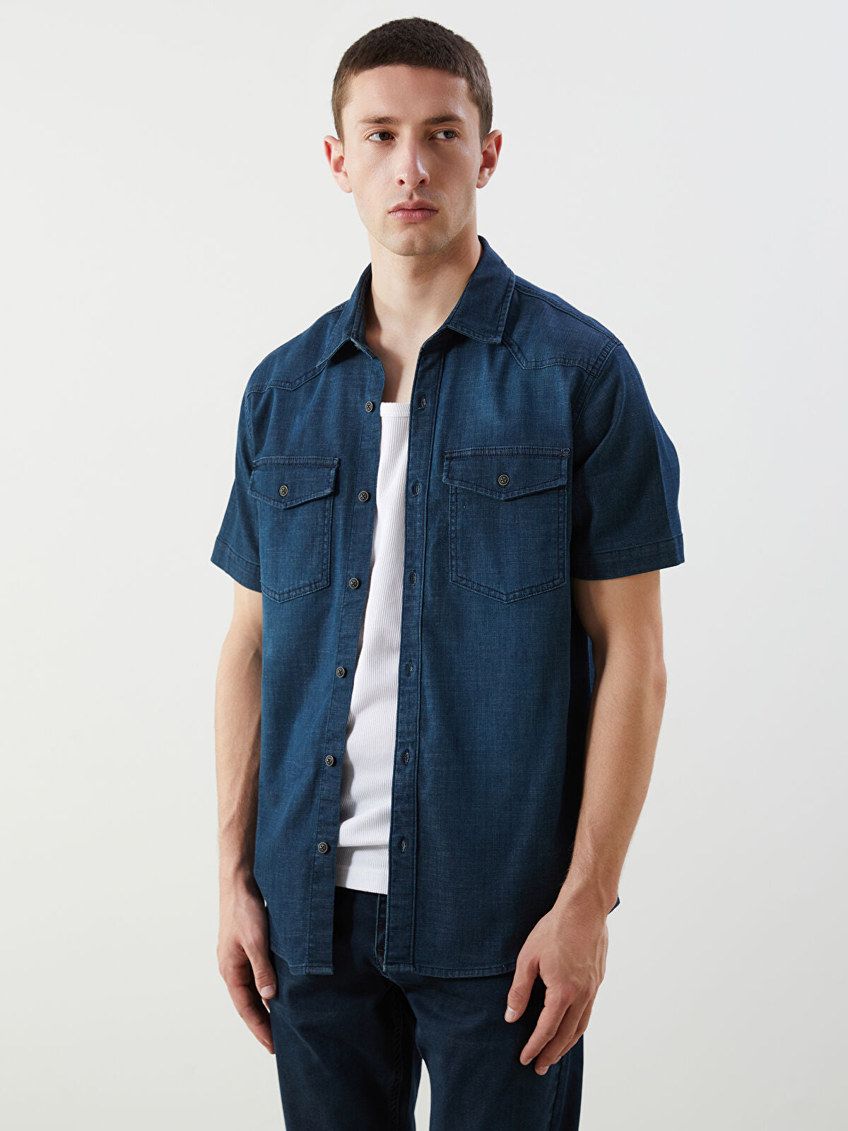 Regular Fit Short Sleeve Men's Denim Shirt