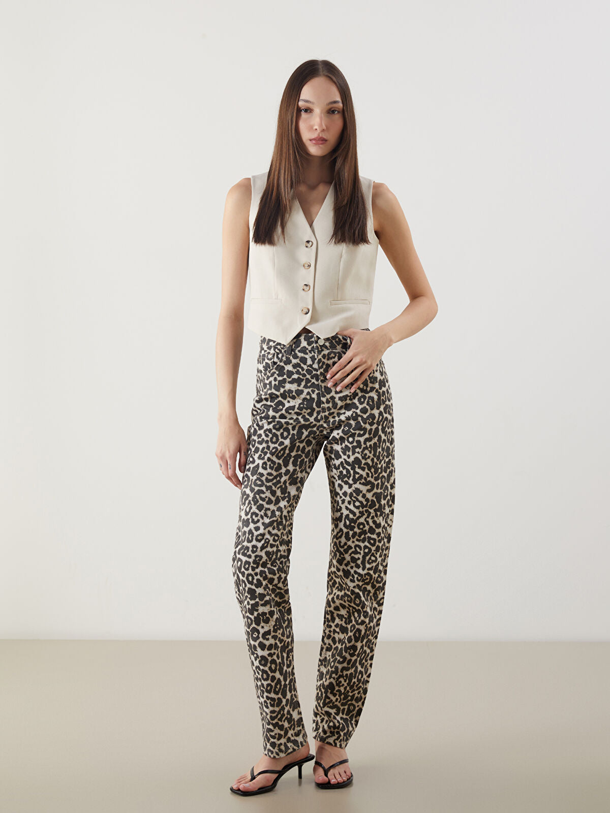 Leopard Print Straight Fit Women's Jeans Pants