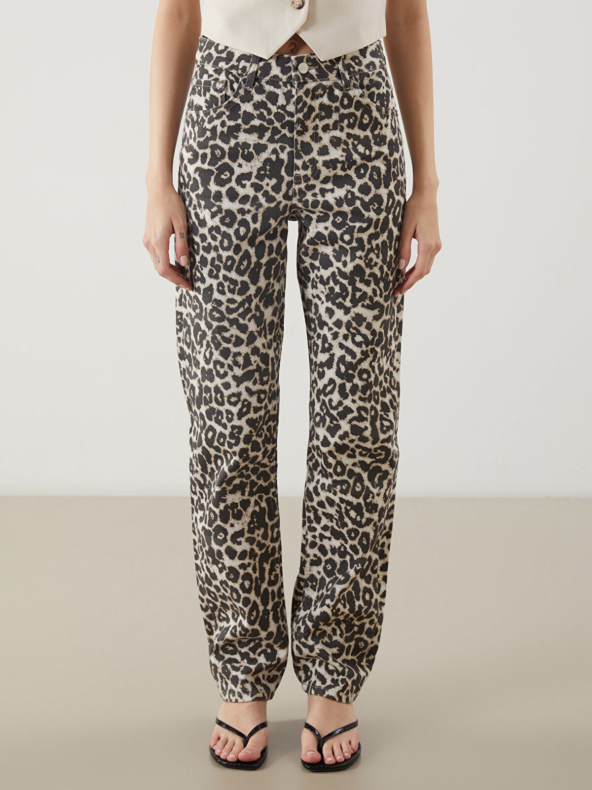 Leopard Print Straight Fit Women's Jeans Pants