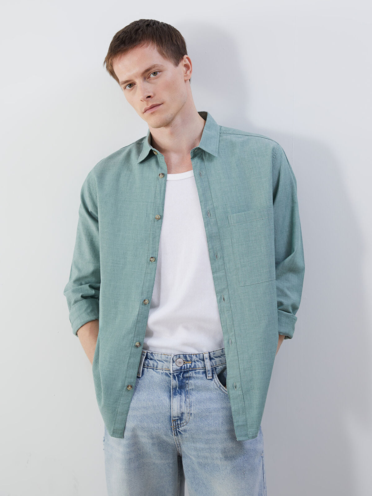 Comfortable Long-Sleeve Men's Jean Dress Shirt