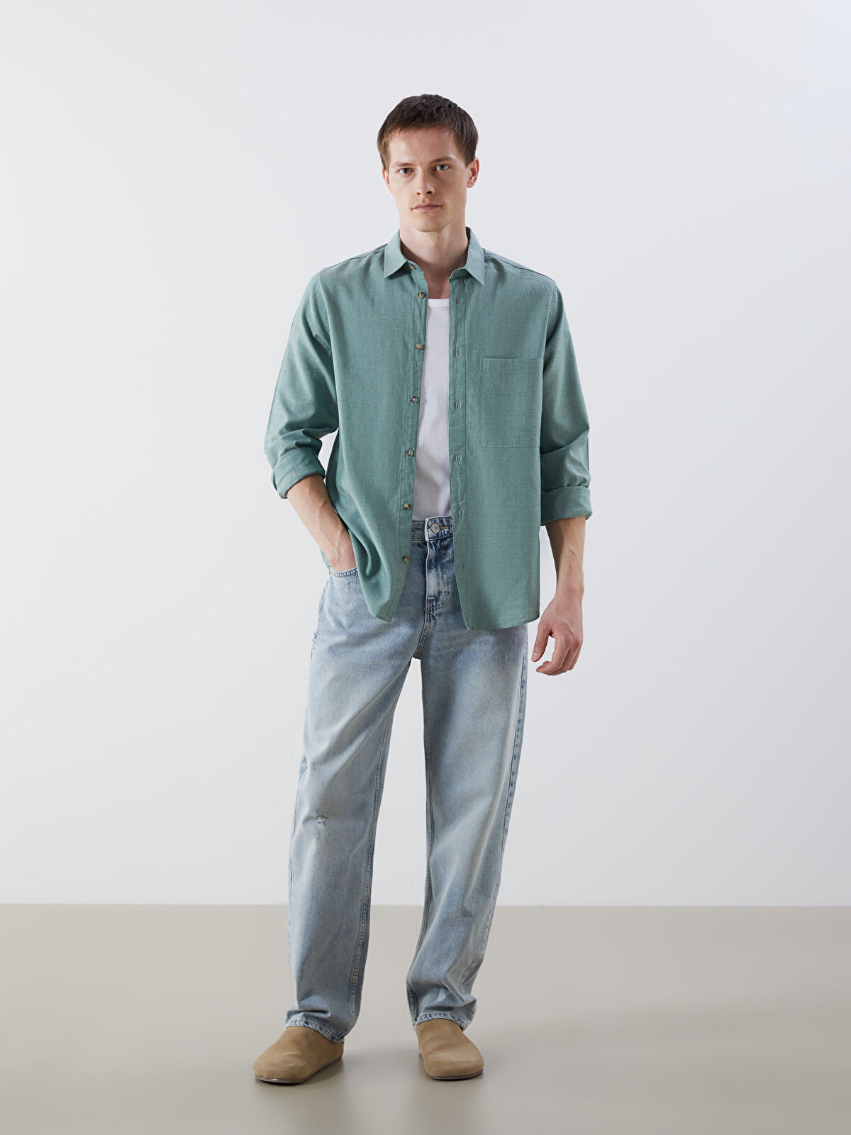 Comfortable Long-Sleeve Men's Jean Dress Shirt