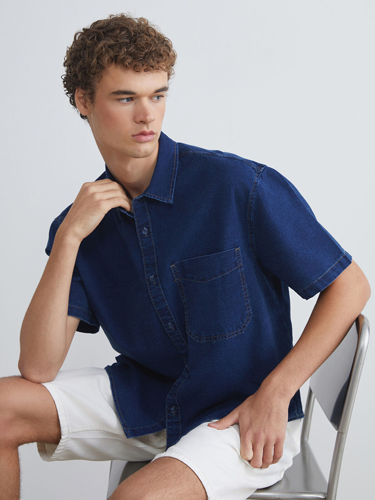 Regular Fit Short Sleeve Men's Denim Shirt