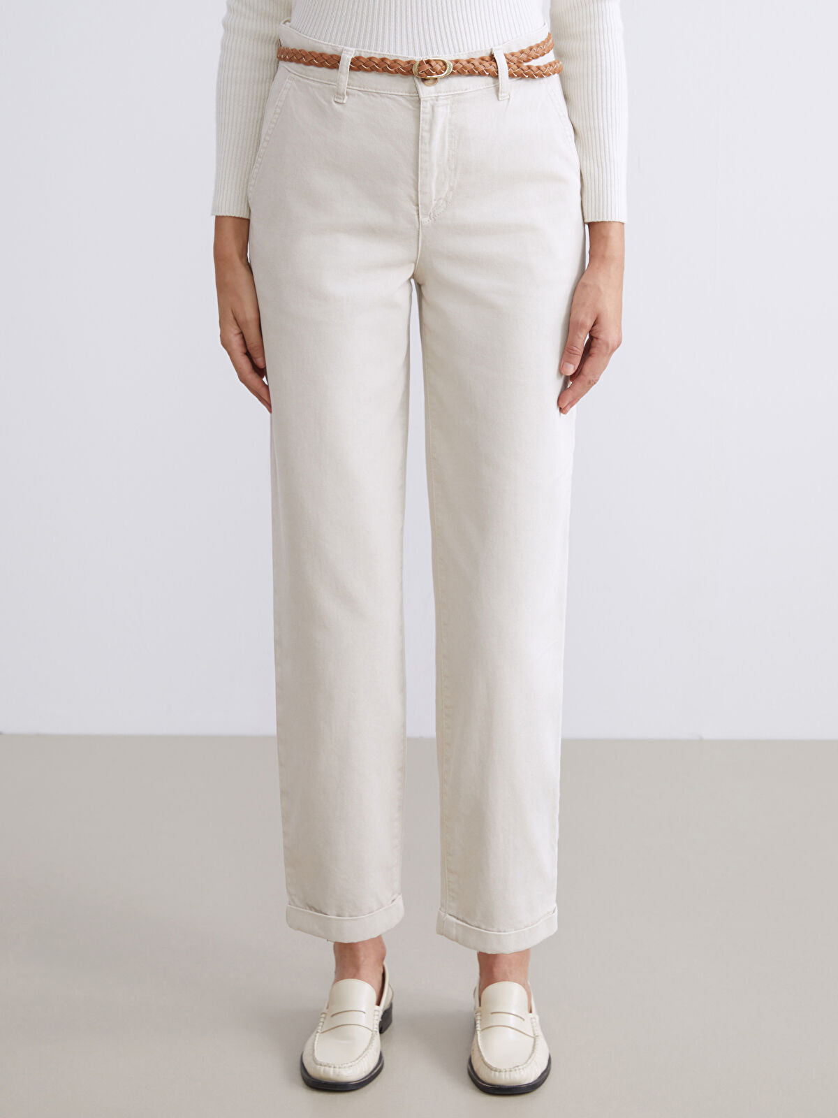 Waist Belted Carrot Fit Women's Jeans Pants